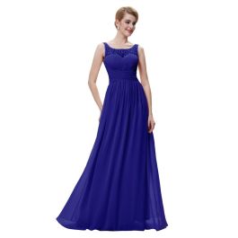 Elegant Boat Neck Sleeveless Long Royal Blue Chiffon Beaded Prom Dress