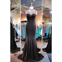 Fitted High Neck Sleeveless Keyhole Back Black Jersey Beaded Prom Dress