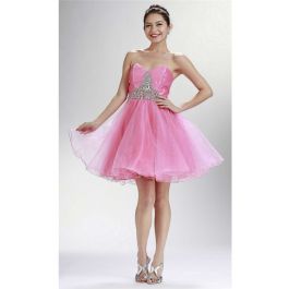 Lovely Strapless Mini Pink Tulle Beaded Cocktail Prom Dress