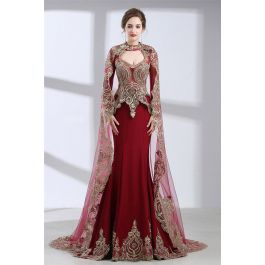 Mermaid Front Cut Out Burgundy Satin Gold Lace Evening Prom Dress With Cape