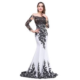 Mermaid Illusion Neckline Long Sleeve Black And White Satin Lace Prom Dress