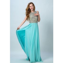 Sexy A Line High Neck Backless Long Aqua Chiffon Beaded Prom Dress With ...