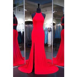 Sexy High Slit Cut Out Back Long Red Jersey Evening Prom Dress