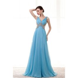 Sexy V Neck Side Cutout Sheer Back Long Sky Blue Chiffon Beaded Prom Dress