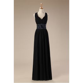 Sheath V Neck Criss Cross Strap Back Long Black Chiffon Beaded Prom Dress