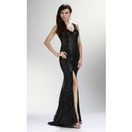 Sheath V Neck Side Slit See Through Back Black Sequin Sparkly Prom Dress