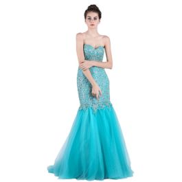 Stunning Trumpet Mermaid Sweetheart Aqua Tulle Beaded Prom Dress