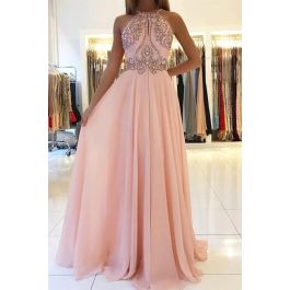 Sparkly Crystal Beaded Pink Long A Line Prom Party Dress High Neck Low Back