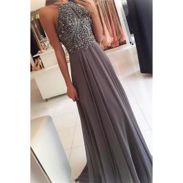 Stunning Beaded Long A Line Prom Party Dress High Neck Low Back Grey ...