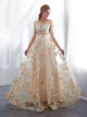 Stunning A Line Boat Neck 3 4  Sleeve Champagne Lace Prom Evening Dress