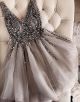 Stunning V Neck Pearl Beaded Grey Tulle See Through Prom Party Dress 