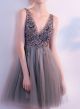 Sexy V Neck Open Back Grey Tulle Crystal Beaded Short Mini A Line Prom Party Dress 