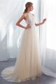 Elegant A Line High Neck Pearl Beaded Appliques Champagne And Ivory Tulle Prom Evening Dress With Buttons