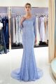 Gorgeous Scoop Neck Long Sleeve Crystal Beaded Light Blue Mermaid Prom Evening Dress