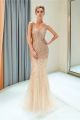 Gorgeous V Neckline Sheer Back Crystal Beaded Gold Tulle Sparkly Mermaid Maxi Prom Evening Dress