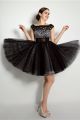Ball Gown Bateau Neck Short Black Tulle Beaded Tutu Prom Dress