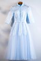 Elegant High Neck 3 4 Sleeve Beaded Lace Blue A Line Tea Length Prom Evening Dress With Bow 