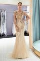 Royal Scoop Cap Sleeve Crystal Beaded Gold Tulle Women Clothing Mermaid Maxi Prom Evening Dress