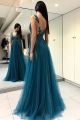 Stunning A Line Illusion Neckline Side Slit Ruched Teal Tulle Beaded Prom Evening Dress With Appliques