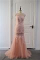 Elegant Mermaid Prom Party Dress Illusion Neckline Sheer Back Pink Lace Tulle