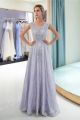 Elegant Scoop Cap Sleeve  Pearl Beaded Lavender Lace A Line Maxi Prom Evening Dress 