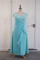 Plus Size A Line Prom Party Dress V Neck Cap Sleeves Blue Lace Chiffon