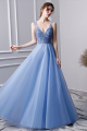 Gorgeous V Neck Sheer Back Blue Tulle Crystal Beaded A Line Prom Evening Dress 