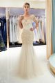 Stunning Boat Neckline Cap Sleeve V Back Crystal Beaded Champagne Tulle Mermaid Maxi Prom Evening Dress 