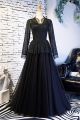 Modest V Neck Long Sleeve Black Lace Tulle A Line Prom Evening Dress 