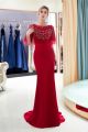 Stunning Scoop Cap Sleeve Crystal Beaded Red Tulle Maxi Mermaid Prom Evening Dress 