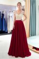 Stunning V Neck Cold Shoulder Crystal Beaded Champagne Bodice Red Skirt Maxi A Line Prom Evening Dress 