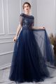 Elegant Illusion Neckline Cap Sleeve Navy Blue Tulle Crystal Beaded A Line Prom Evening Dress with tassel