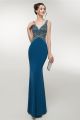 Sexy V Neck Lace Up Back Crystal Beaded Teal Blue Long Mermaid Prom Evening Dress 