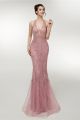 Sexy Halter Low Back Crystal Beaded Pink Tulle Long Mermaid Prom Evening Dress 