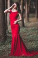 Elegant Scoop Low Back Red Mermaid Prom Evening Dress With Buttons