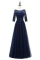 Elegant Bateau Half Sleeve Corset Beaded Navy Blue Tulle A Line Prom Evening Dress 