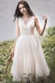 Boho V Neck Tea Length Lace A Line Beach Destination Wedding Dress With Buttons