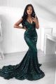 Sexy Mermaid V Neck Backless Dark Green Sequined Evening Dress