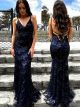 Sexy Mermaid V Neck Cross Straps Navy Blue Lace Prom Evening Dress 