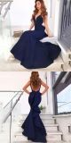 Sexy Mermaid Plunging Neckline Backless Navy Blue Satin Prom Evening Dress With Ruffles