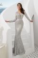 Gorgeous Illusion Neckline Long Sleeve Silver Mermaid Prom Evening Dress With Fringe