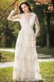 Romantic High Neck Long Sleeve Tiered Lace A Line See Through Wedding Dress 