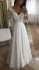 Elegant A Line V Neck Long Sleeve Beaded Lace Bodice white Chiffon Skirt Wedding Dress