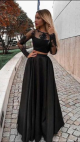 Unusual Two Piece A Line Scoop Long Sleeve Black Prom Party Dress With Lace     