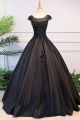 Ball Gown Scoop Neck Cap Sleeve Corset Black Satin Prom Party Dress With Appliques Beads