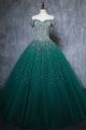 Stunning Ball Gown Off The Shoulder Corset Emerald Green Tulle Crystal Beaded Prom Party Dress                 