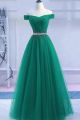 Stunning A Line Off The Shoulder Corset Ruched Emerald Green Tulle Prom Party Dress With Crystals       