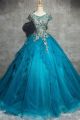 Modest Ball Gown Scoop Corset Cap Sleeve Ruffled Blue Tulle Prom Party Dress With Appliques