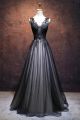 Elegant A Line V Neck Black And Champagne Tulle Prom Party Dress With Appliques    