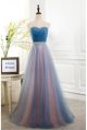 Elegant A Line Sweetheart Corset Ruched Blue And Pink Tulle Prom Party Dress With Crystal Beaded Sash   